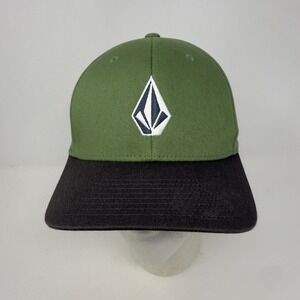 Volcom Mens Flexfit Hat Olive Green Black Stone Logo Skater Cap Size S-M